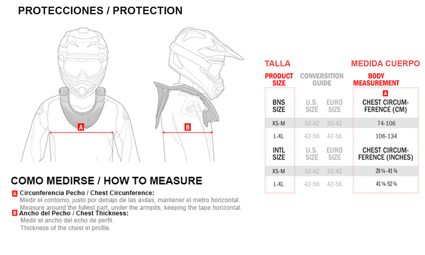 de Tallas Alpinestars - Protecciones | CDC Sport